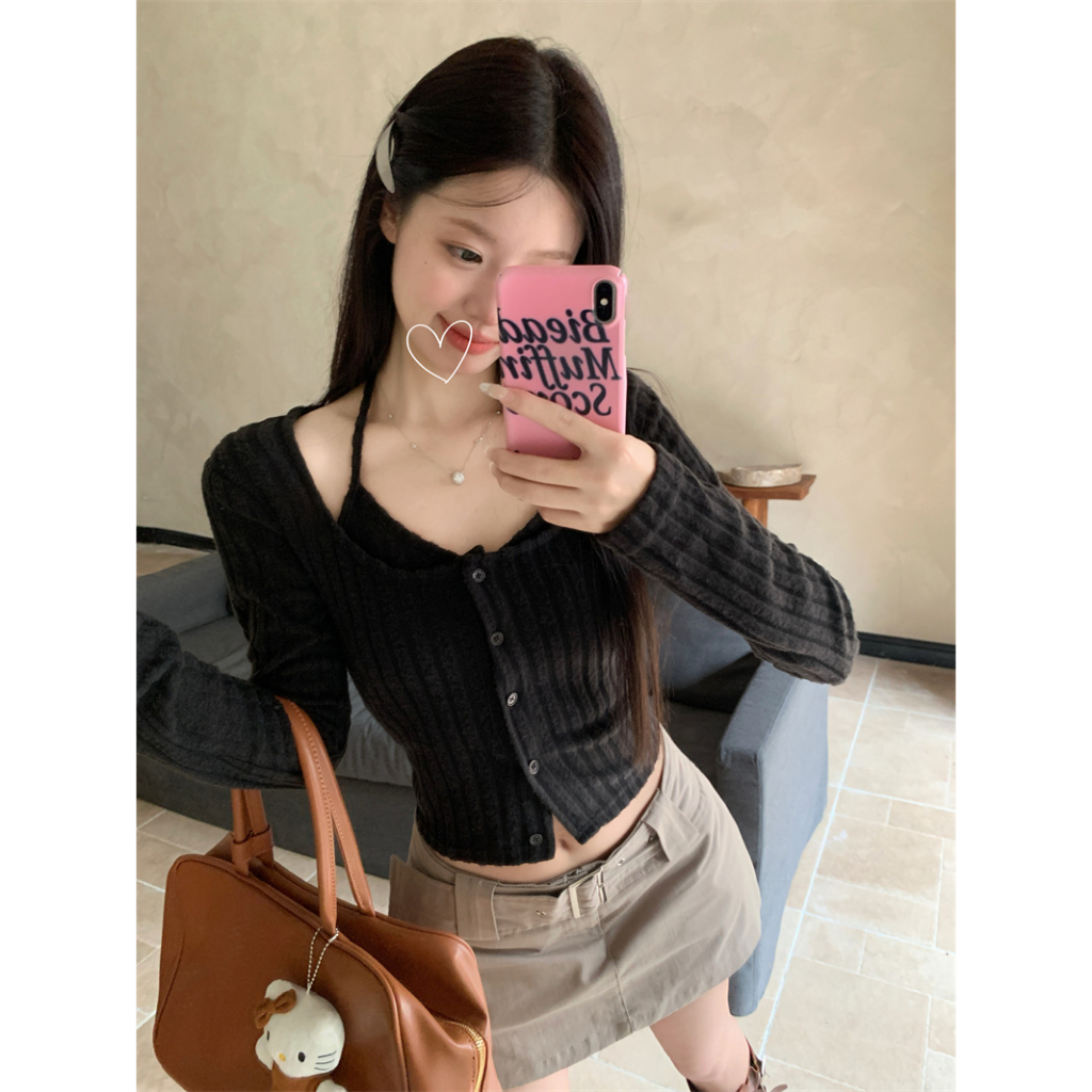 「MOTEL7」Set Áo Hai Dây Màu Trơn + Áo Khoác cardigan Dệt Kim Dáng Ngắn Thời Trang Mùa Thu