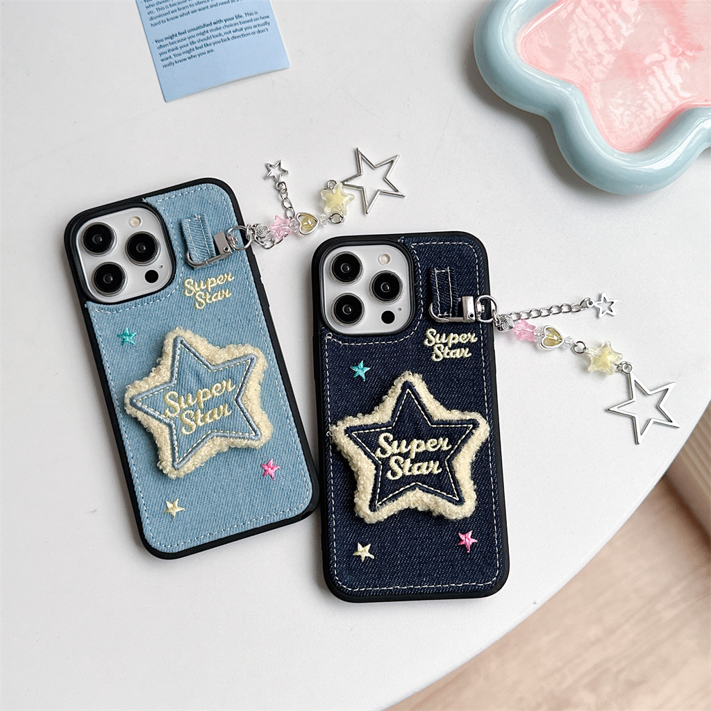 Ốp Điện Thoại tpu Mềm Họa Tiết denim Đính Ngôi Sao Viền Lông Cho iphone 15 pro max 14 pro max 13 pro max 12 pro max