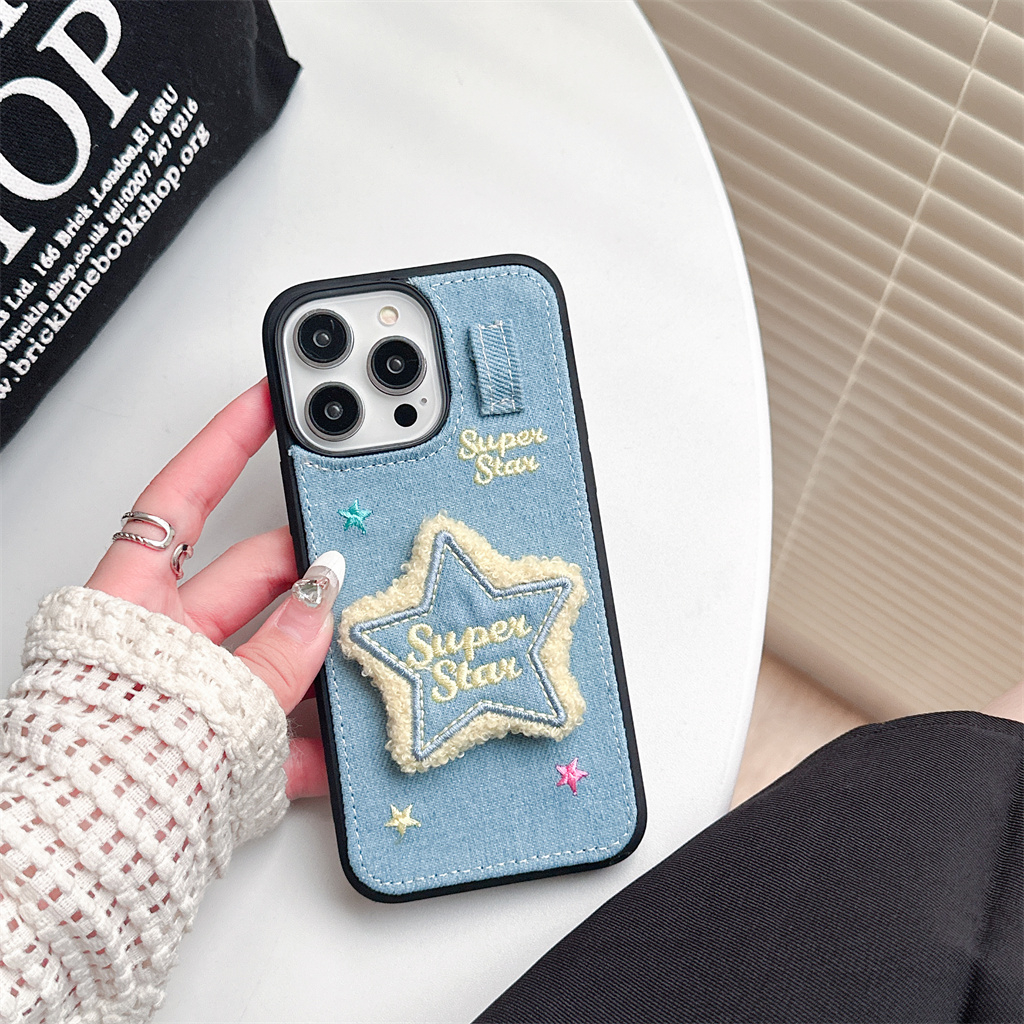 Ốp Điện Thoại tpu Mềm Họa Tiết denim Đính Ngôi Sao Viền Lông Cho iphone 15 pro max 14 pro max 13 pro max 12 pro max