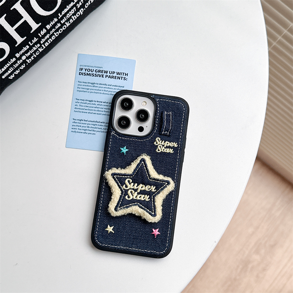 Ốp Điện Thoại tpu Mềm Họa Tiết denim Đính Ngôi Sao Viền Lông Cho iphone 15 pro max 14 pro max 13 pro max 12 pro max