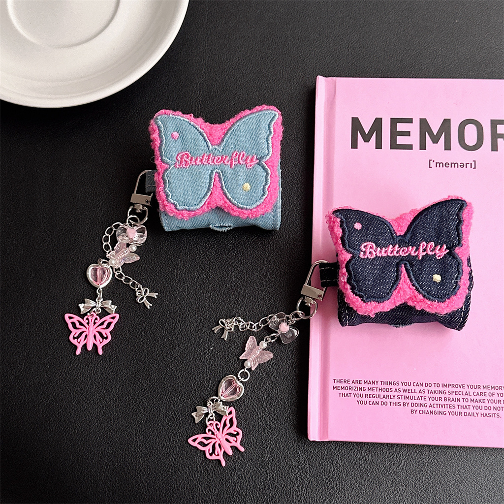 Vỏ Bảo Vệ Hộp Sạc Tai Nghe airpods pro airpods 1 / 2 / 3 Bằng denim Thêu Hình Bướm Ốp