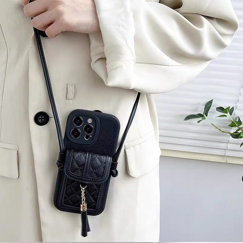 Bao Da Điện Thoại Dạng Ví Đính Kim Cương Nhỏ Phối Dây Tua Rua Cho iphone 15 15promax 14 14pro 14promax 14plus 13 pro max 11 iphone Ốp