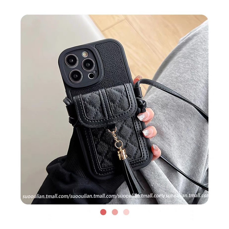 Bao Da Điện Thoại Dạng Ví Đính Kim Cương Nhỏ Phối Dây Tua Rua Cho iphone 15 15promax 14 14pro 14promax 14plus 13 pro max 11 iphone Ốp