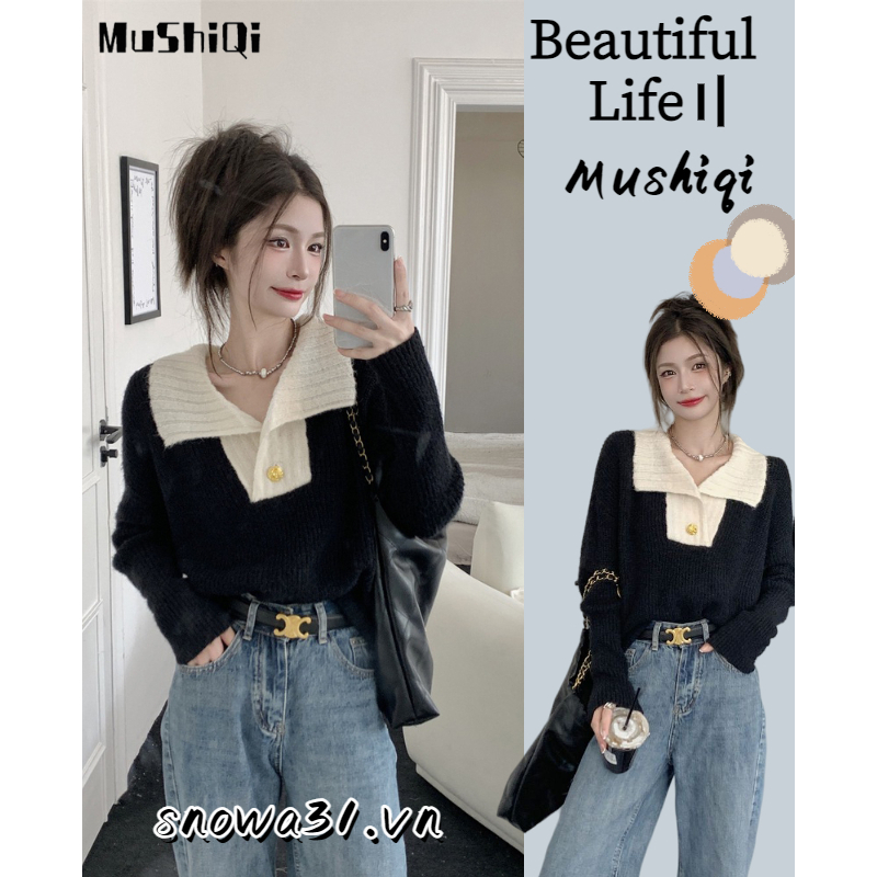 Mushiqi Áo sweater Dệt Kim Tay Dài Dáng Ôm Phong Cách Pháp Thời Trang Cho Nữ