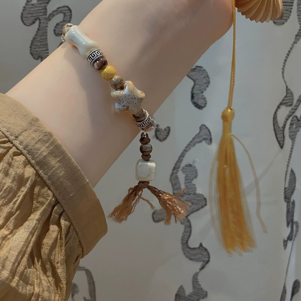 Vòng Tay Chuỗi Hạt Phối Mặt Hình Khối Ngôi Sao Và Xương Tua Rua Phong Cách Trung Hoa Cổ Điển