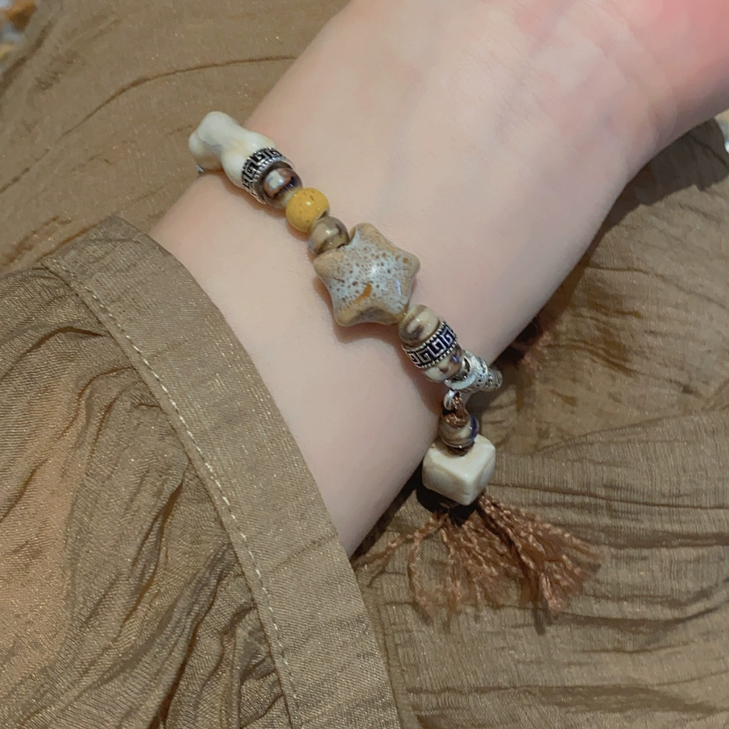 Vòng Tay Chuỗi Hạt Phối Mặt Hình Khối Ngôi Sao Và Xương Tua Rua Phong Cách Trung Hoa Cổ Điển