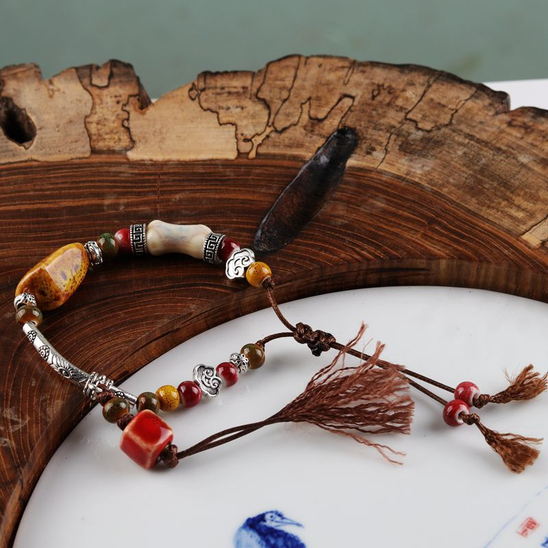 Vòng Tay Chuỗi Hạt Phối Mặt Hình Khối Ngôi Sao Và Xương Tua Rua Phong Cách Trung Hoa Cổ Điển