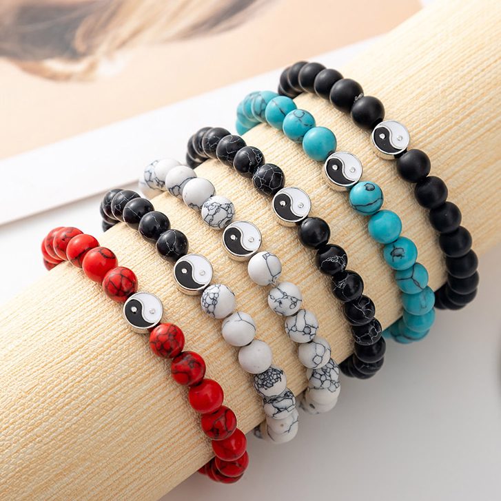 Yin yang Vòng Tay Dạng Chuỗi Hạt Đá Mắt Hổ Màu Trắng Đen Thời Trang Cho Cặp Đôi