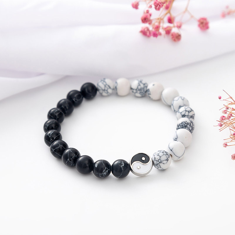 Yin yang Vòng Tay Dạng Chuỗi Hạt Đá Mắt Hổ Màu Trắng Đen Thời Trang Cho Cặp Đôi
