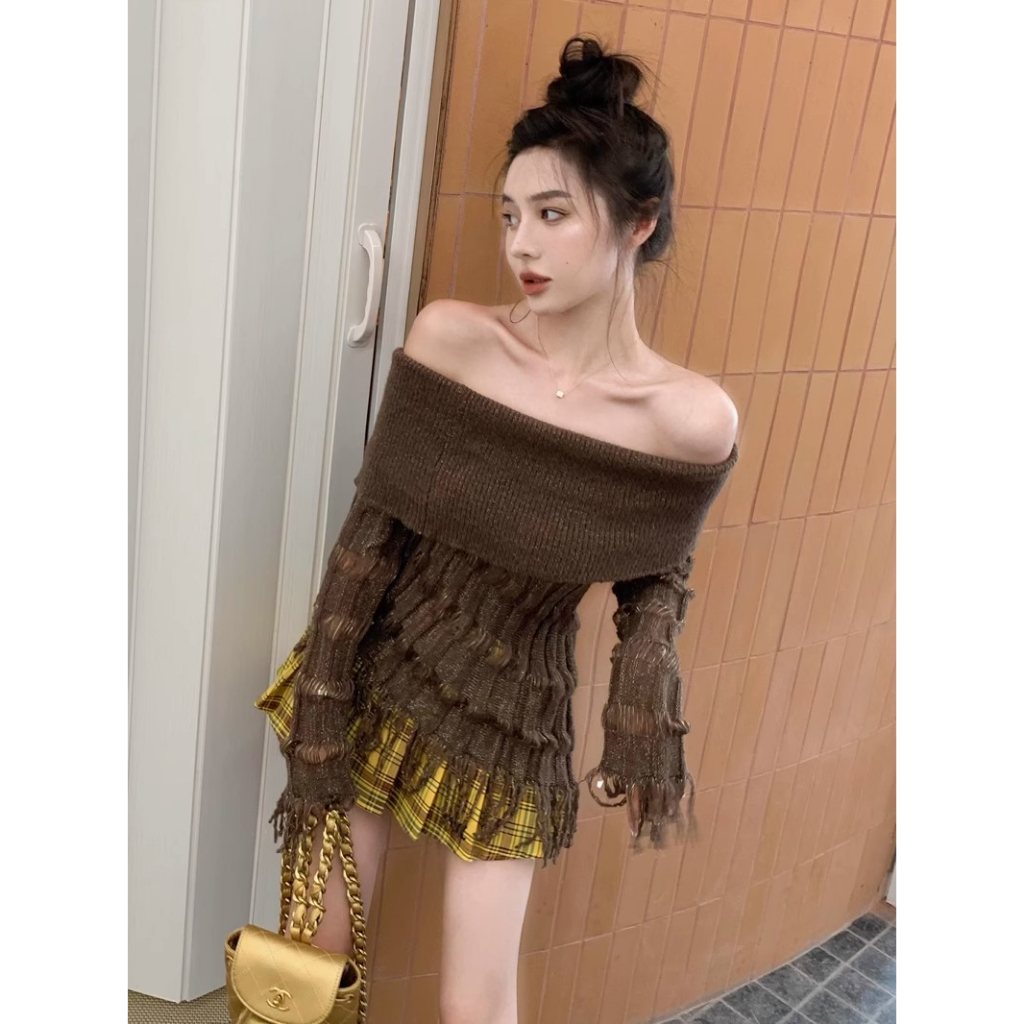 Kumikumi Áo Dệt Kim Tay Dài Hở Vai Màu Trơn Thời Trang Hàn Quốc Dành Cho Nữ