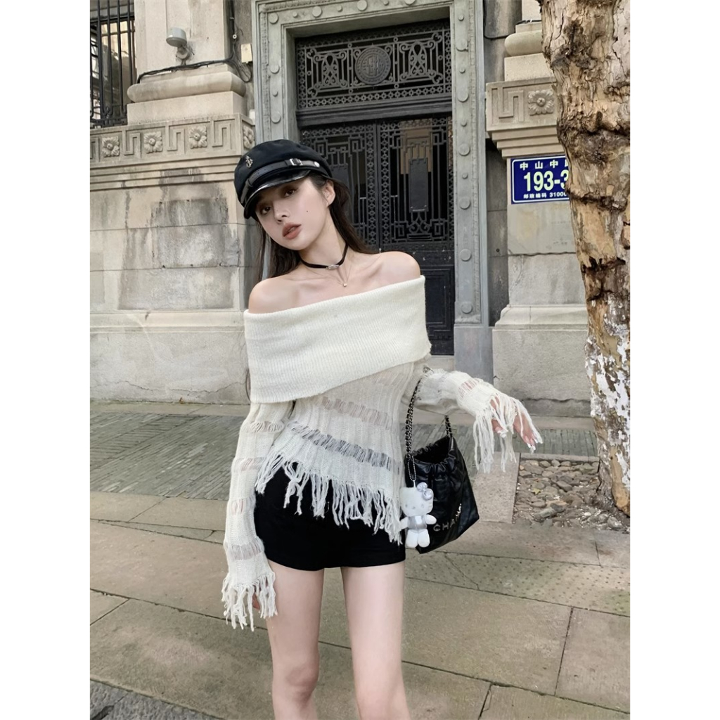 Kumikumi Áo Dệt Kim Tay Dài Hở Vai Màu Trơn Thời Trang Hàn Quốc Dành Cho Nữ