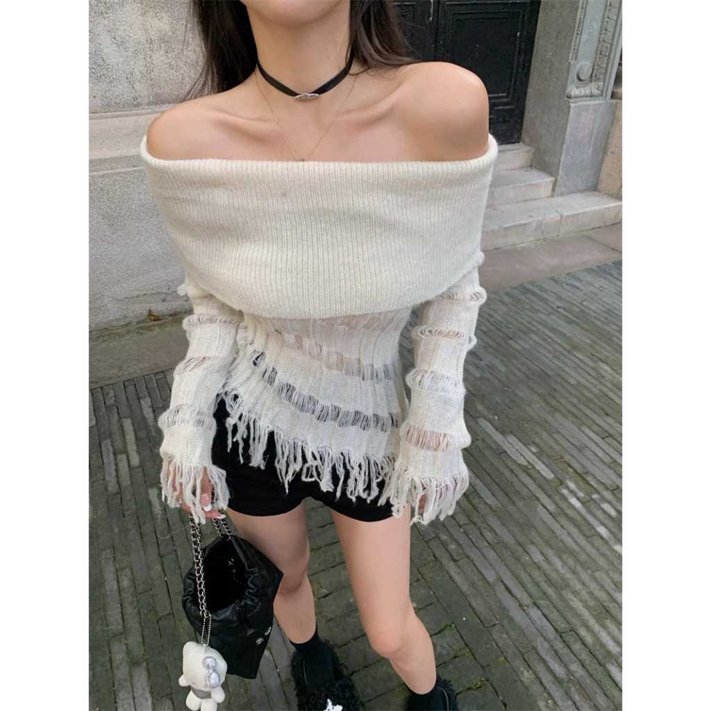 Kumikumi Áo Dệt Kim Tay Dài Hở Vai Màu Trơn Thời Trang Hàn Quốc Dành Cho Nữ