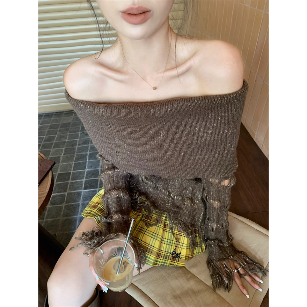 Kumikumi Áo Dệt Kim Tay Dài Hở Vai Màu Trơn Thời Trang Hàn Quốc Dành Cho Nữ