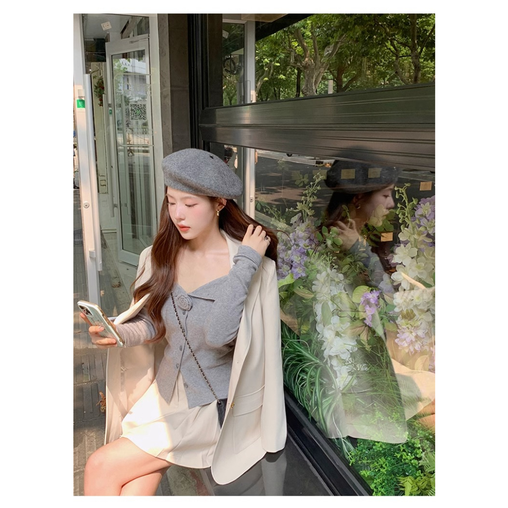 Honypove Áo cardigan Dệt Kim Trễ Vai Màu Xám Kiểu Dáng Trẻ Trung Thanh Lịch