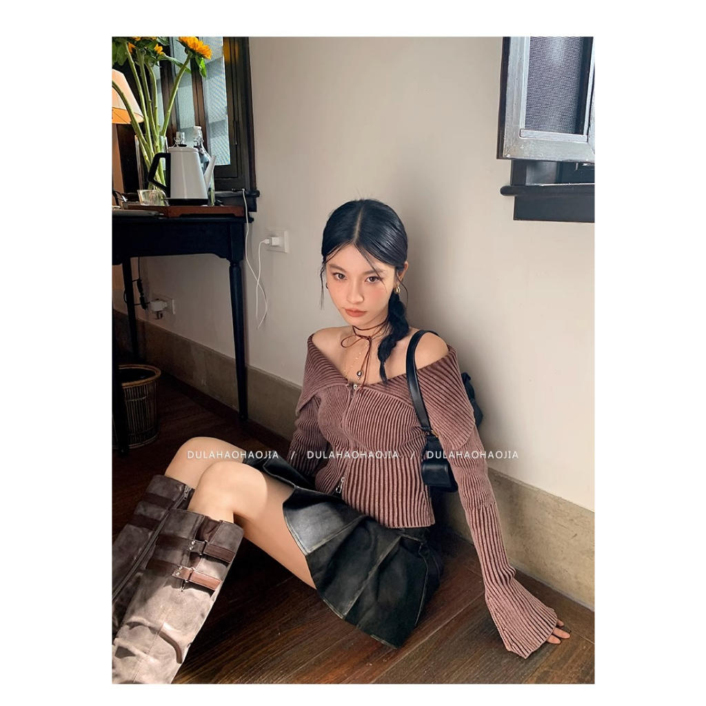 Honypove One Áo Khoác cardigan Len Dáng Ngắn Có Khóa Kéo Thời Trang Mùa Thu 2023 Cho Nữ