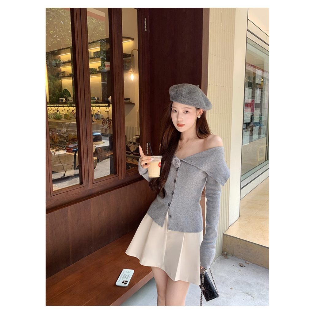 Honypove Áo cardigan Dệt Kim Trễ Vai Màu Xám Kiểu Dáng Trẻ Trung Thanh Lịch