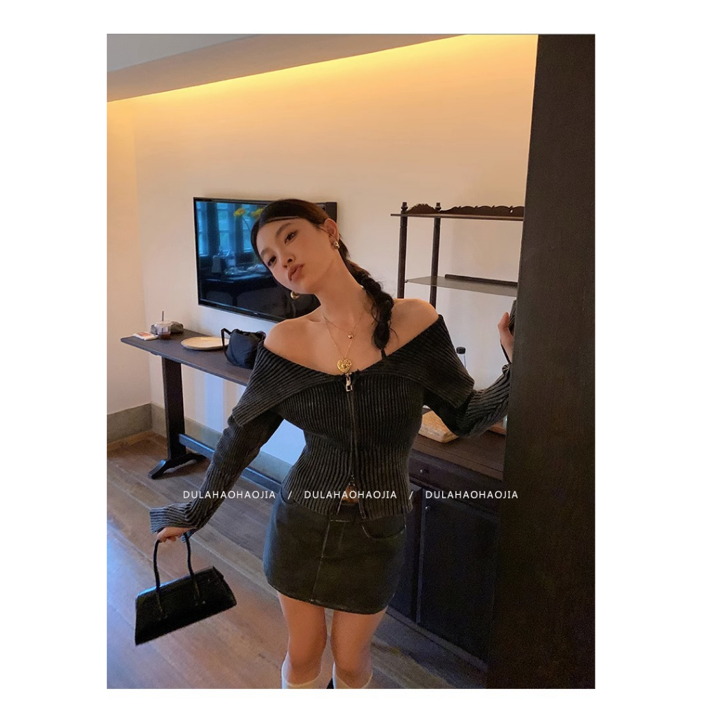 Honypove One Áo Khoác cardigan Len Dáng Ngắn Có Khóa Kéo Thời Trang Mùa Thu 2023 Cho Nữ