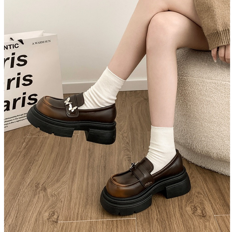Giày Lười Da Đế Dày 6cm Mũi Vuông Màu Đen / Nâu Chống Trượt Thời Trang 2023 Cho Nữ