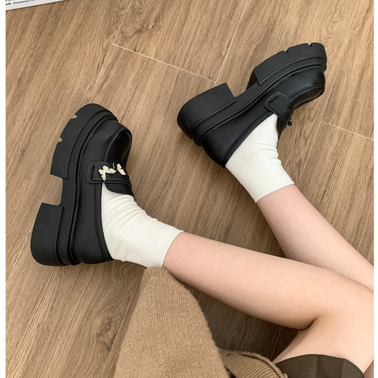 Giày Lười Da Đế Dày 6cm Mũi Vuông Màu Đen / Nâu Chống Trượt Thời Trang 2023 Cho Nữ