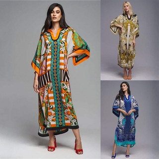 Dn0946 Đầm maxi Cổ Chữ v In Họa Tiết Phong Cách boho Đi Biển Kích Thước Lớn Cho Nữ
