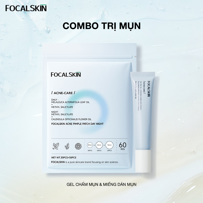 Focalskin Bộ đôi bảo vệ da mụn cơ bản Gel giảm mụn Tinh dầu tràm trà Úc 15g + Miếng Dán Mụn Salicylic Acid ngày và đêm