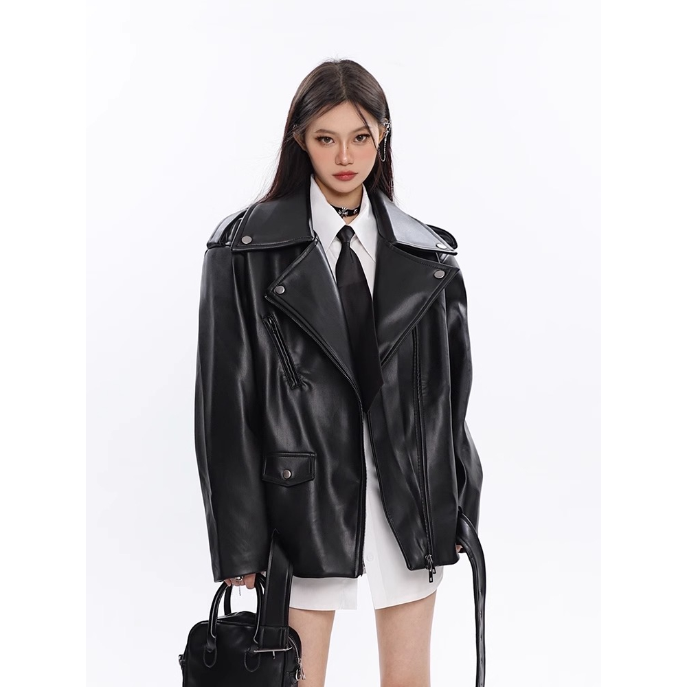 Đen Áo Khoác Da pu Phong Cách retro Đường Phố Cá Tính Cho Nữ