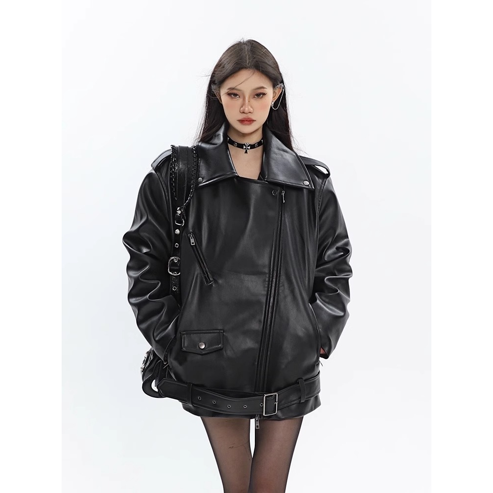 Đen Áo Khoác Da pu Phong Cách retro Đường Phố Cá Tính Cho Nữ
