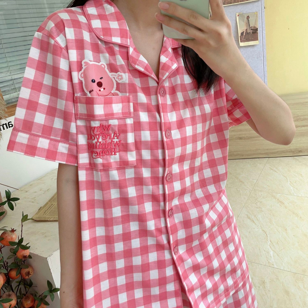 Bộ đồ ngủ FDS họa tiết sọc caro dễ thương thời trang mùa hè cho nữ