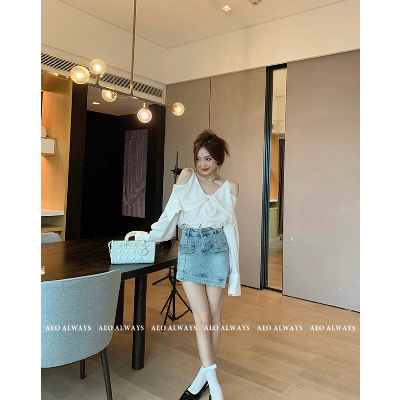 Áo Sơ Mi Tay Dài Lệch Vai Dáng Ôm Phong Cách Pháp Thời Trang Mùa Thu Cho Nữ