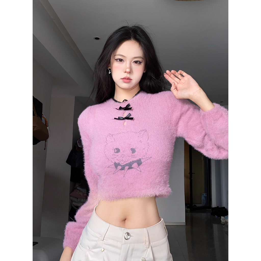 Fine studio Áo sweater Dệt Kim Chui Đầu Hình Mèo Mùa Thu Ngọt Ngào Cho Nữ