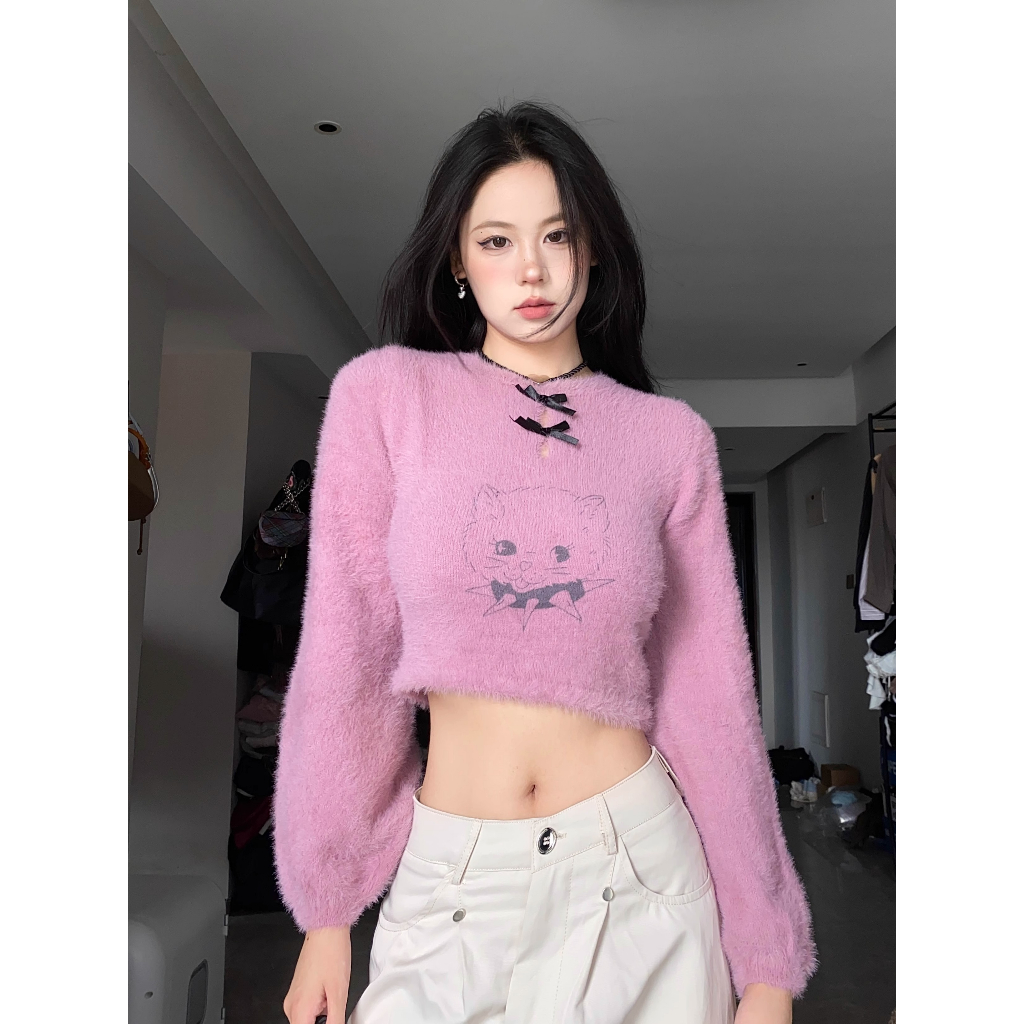 Fine studio Áo sweater Dệt Kim Chui Đầu Hình Mèo Mùa Thu Ngọt Ngào Cho Nữ