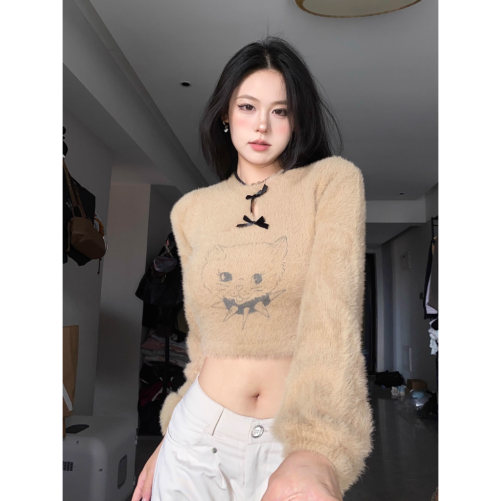 Fine studio Áo sweater Dệt Kim Chui Đầu Hình Mèo Mùa Thu Ngọt Ngào Cho Nữ