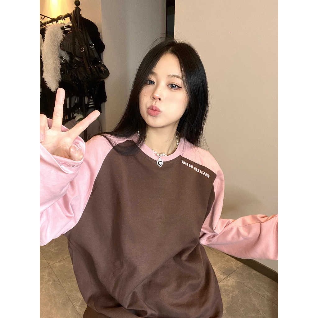 Fine studio Áo Thun raglan Cổ Tròn Tay Dài Dáng Rộng Màu Tương Phản Thời Trang Mùa Thu 2023 Phong Cách Mới Cho Nam Và Nữ