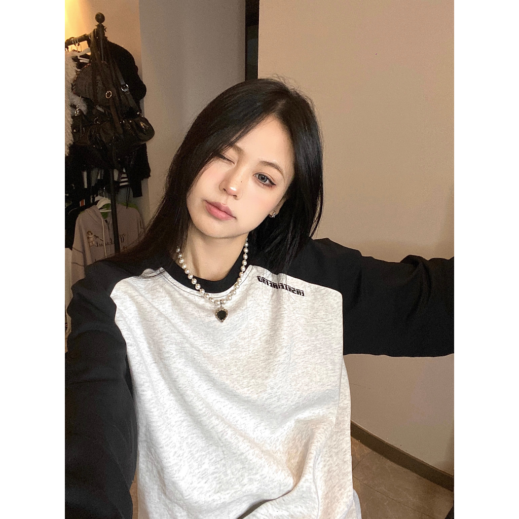 Fine studio Áo Thun raglan Cổ Tròn Tay Dài Dáng Rộng Màu Tương Phản Thời Trang Mùa Thu 2023 Phong Cách Mới Cho Nam Và Nữ