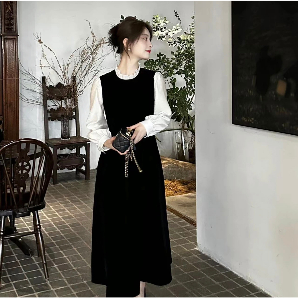 Đầm Nữ Dài Tay Cổ Tròn Form Dài Rộng Thời Trang Hàn mi