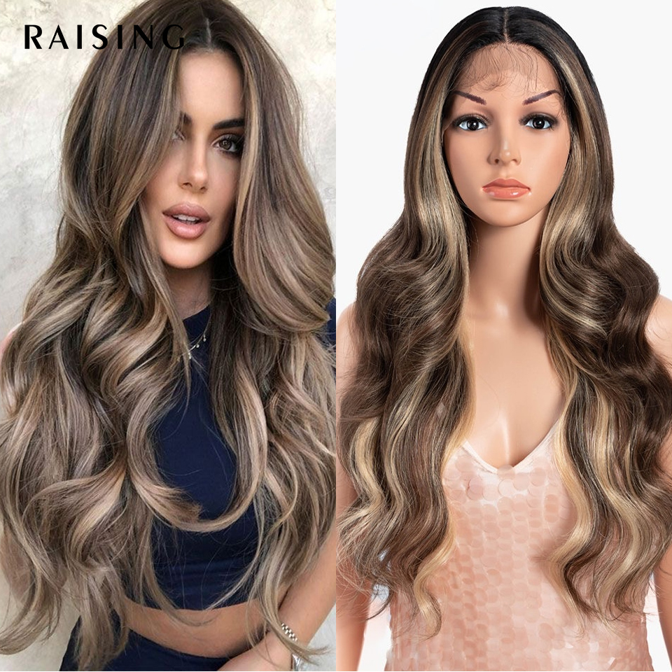 Bộ Tóc Giả Ombre Nâu Gừng Xoăn Gợn Sóng Bằng Sợi Tổng Hợp Chịu Nhiệt Màu Đen Dành Cho Nữ