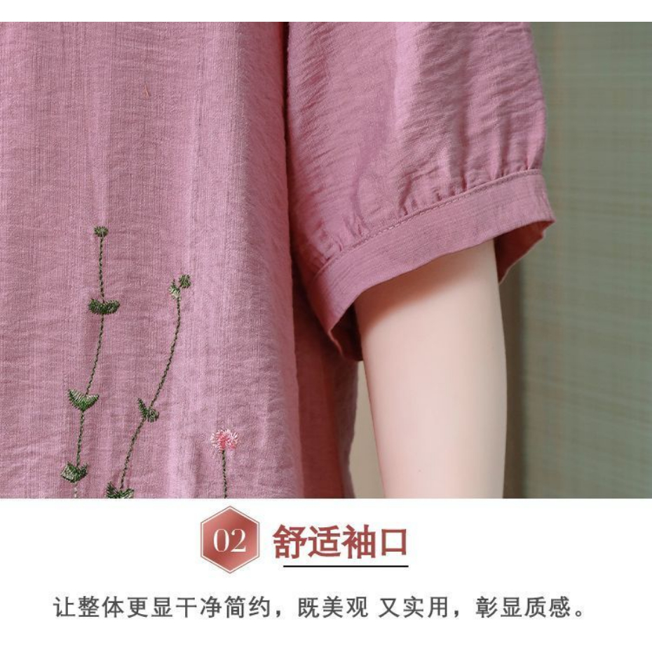 Hàng Có Sẵn Bán Chạy Áo Sơ Mi Cotton Lanh Mỏng Tay Ngắn Dáng Rộng Che Bụng Nhỏ Thêu Họa Tiết Thời Trang Cho Mẹ LF