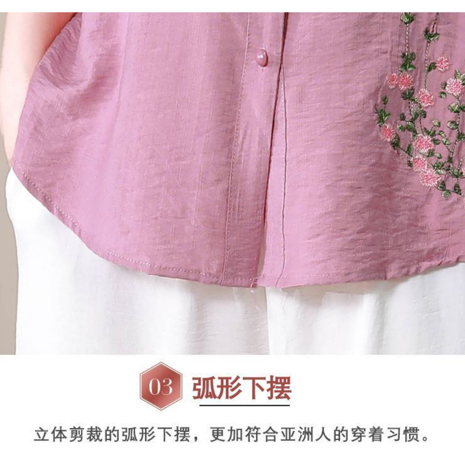 Hàng Có Sẵn Bán Chạy Áo Sơ Mi Cotton Lanh Mỏng Tay Ngắn Dáng Rộng Che Bụng Nhỏ Thêu Họa Tiết Thời Trang Cho Mẹ LF