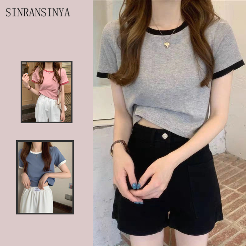 Áo thun SINRANSINYA tay ngắn cổ tròn màu tương phản phong cách Hàn Quốc thời trang mùa hè cho nữ