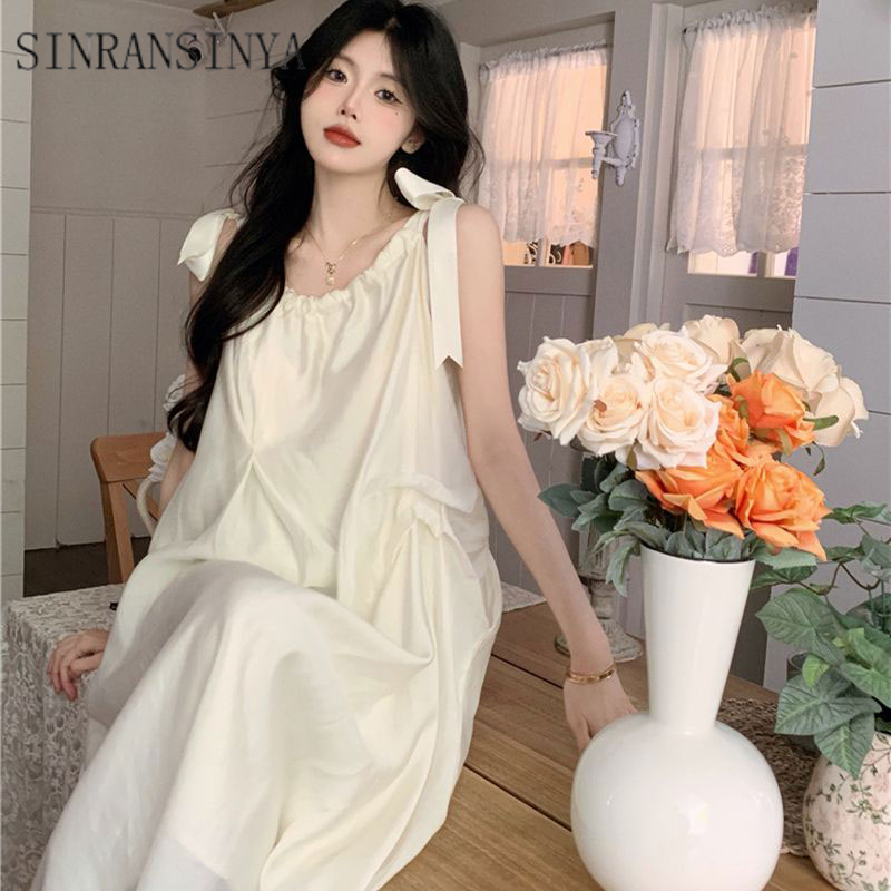 Đầm voan SINRANSINYA dài qua gối phong cách Pháp thời trang đi biển mùa hè cho nữ