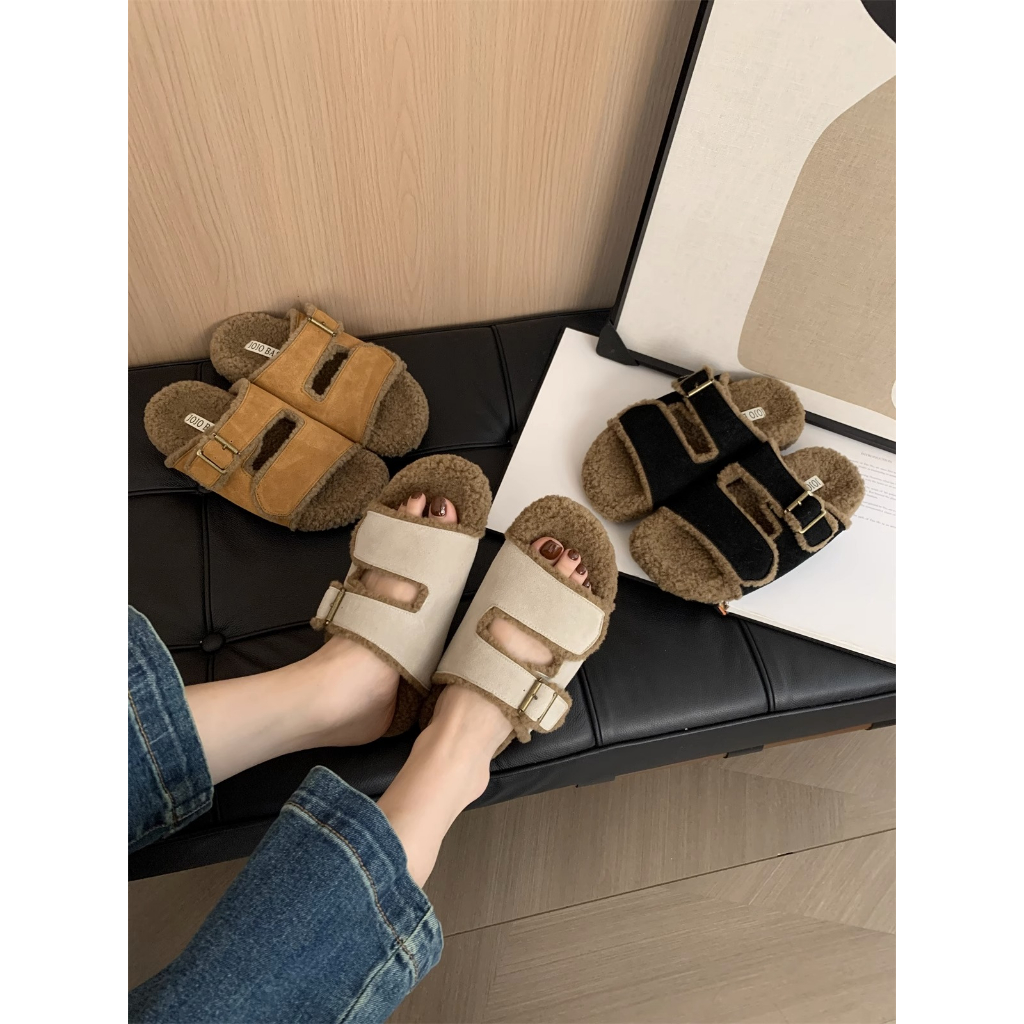 Birkenstock Dép Bít Mũi Phối Lông Xù Đế Dày Thời Trang Thu Đông 2023 Dành Cho Nữ