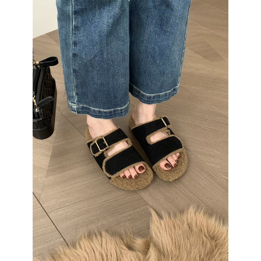 Birkenstock Dép Bít Mũi Phối Lông Xù Đế Dày Thời Trang Thu Đông 2023 Dành Cho Nữ