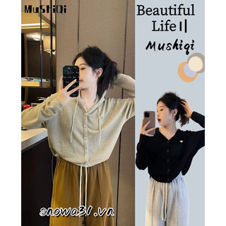 Mushiqi Áo Hoodie Dệt Kim Tay Dài Dáng Rộng Màu Trơn Thời Trang Hàn Quốc Cho Nữ