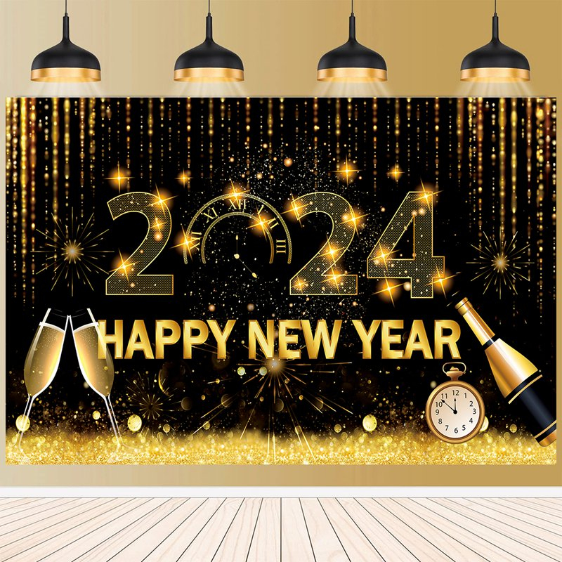 Đồng Hồ vinyl 1.5 * 1m Chúc Mừng Năm Mới 2024 Màu Vàng Đen Lấp Lánh Trang Trí Tiệc Sinh Nhật / Mừng Năm Mới