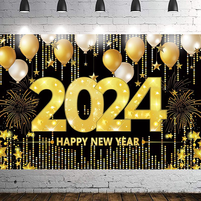 Đồng Hồ vinyl 1.5 * 1m Chúc Mừng Năm Mới 2024 Màu Vàng Đen Lấp Lánh Trang Trí Tiệc Sinh Nhật / Mừng Năm Mới
