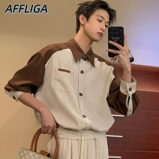 ✦AFFLIGA✦ Áo Sơ Mi Raglan Tay Dài Dáng Rộng Màu Sắc Thời Trang Xuân Hè Phong Cách Hàn Quốc Cho Nam Giới