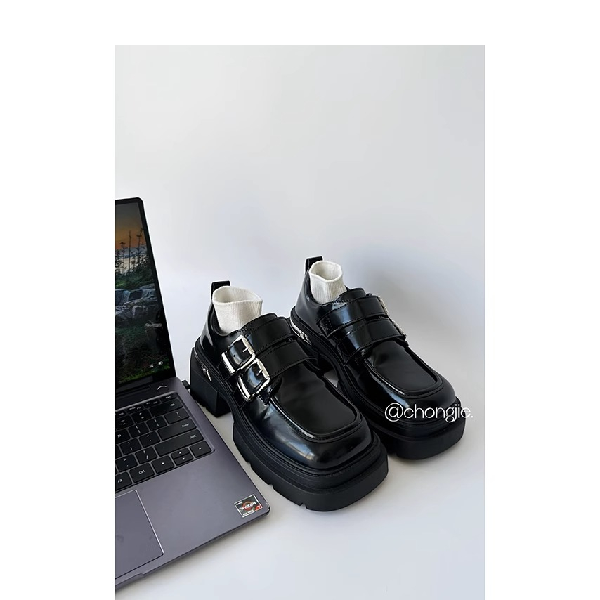 Đen Giày Da Đế Dày Phong Cách Anh Quốc Thời Trang Mùa Hè 2023 Cho Nữ