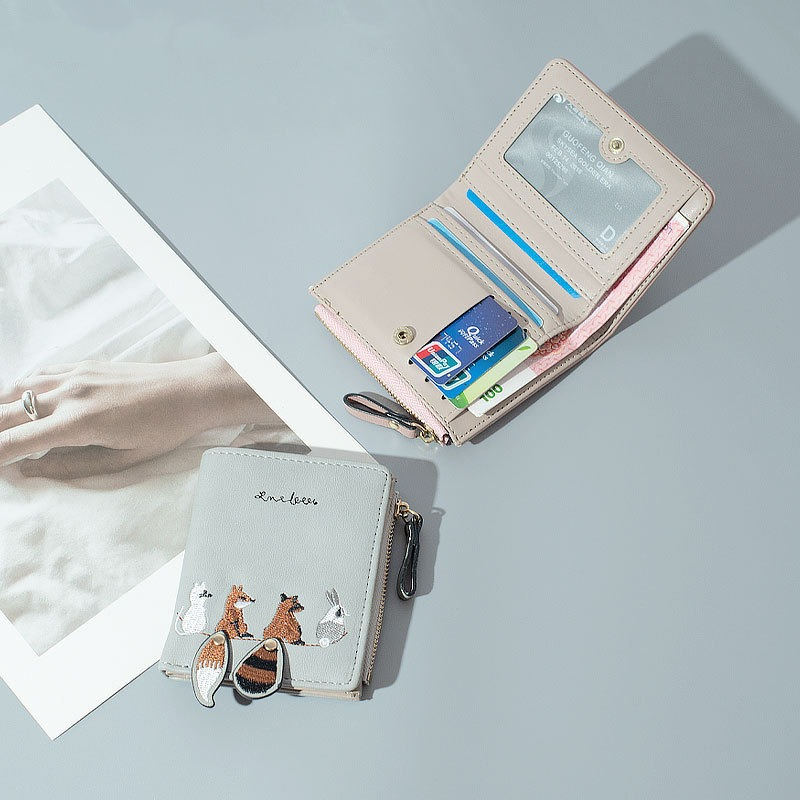 KAITIFEI Ví da nữ mini ngắn nhỏ cao cấp thêu động vật dễ thương có dây kéo