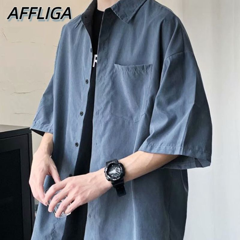 ✦AFFLIGA✦ Áo Sơ Mi Tay Lửng Dáng Rộng Phối Túi Thời Trang Mùa Hè Hàn Quốc Dành Cho Nam / Size M-2XL