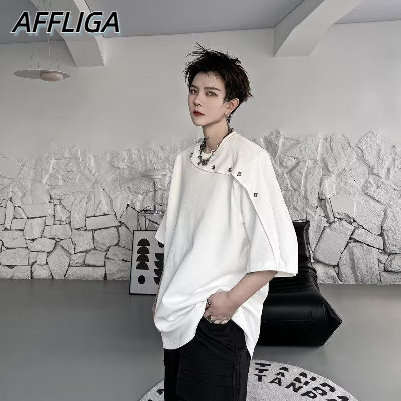 ✦AFFLIGA✦Áo Thun Tay Ngắn Có Đệm Vai Phối Nút Thiết Kế Đơn Giản Phong Cách Hàn Quốc Thời Trang Mùa Hè Chất Lượng Cao Cho Nam